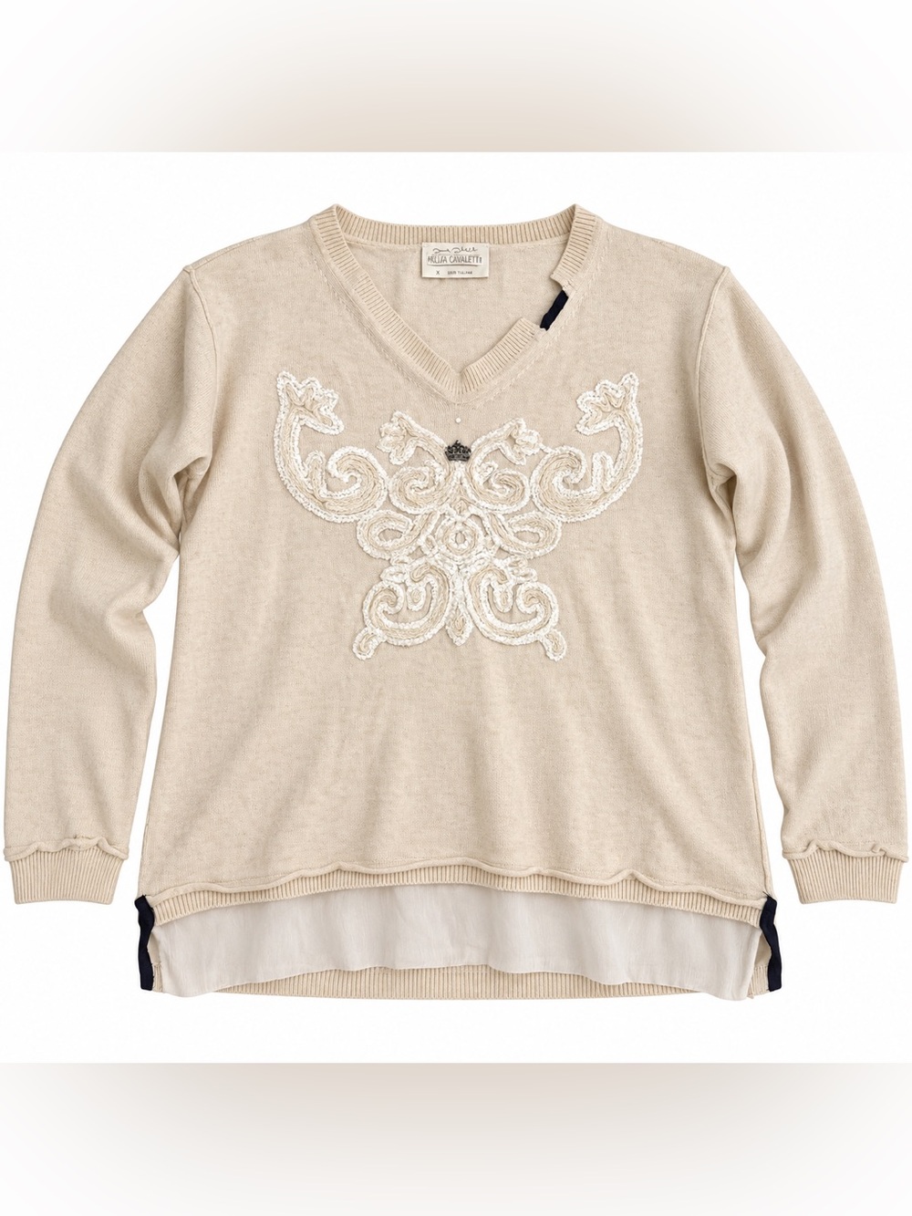 Elisa Cavaletti XL Beige Embroidered V Neck Sweater Made in Italy